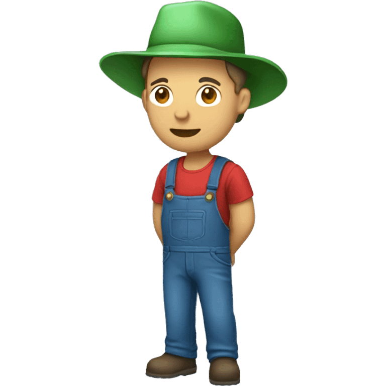 a farmer with green farmer hat, red t-shirt and blue overalls emoji