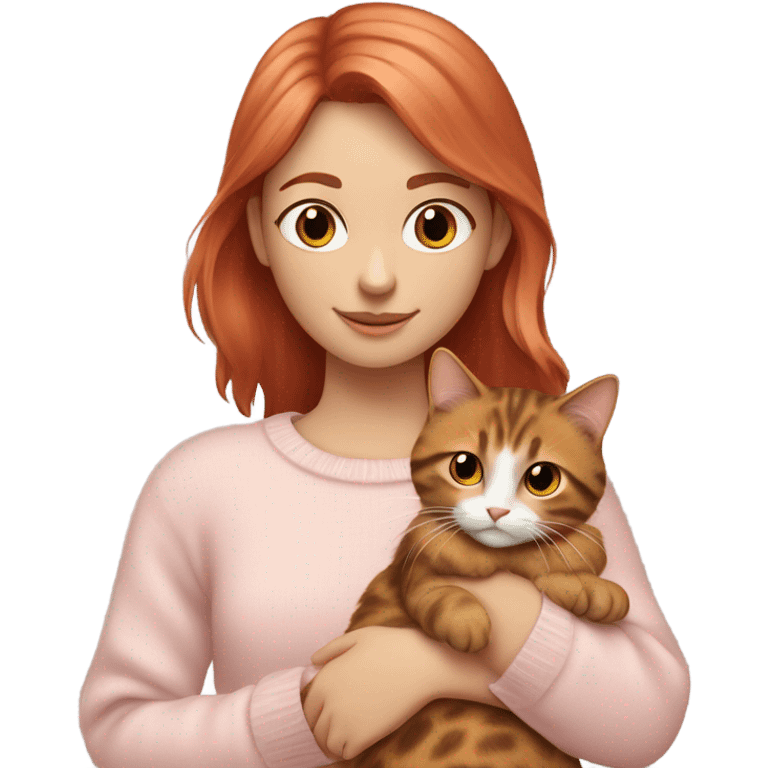 Red hair girl wearing a pale pink sweater holding a tortoiseshell cat with a white belly emoji