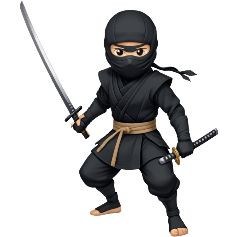  A emoji cartoon-style digital illustration of a ninja dressed in a full black outfit with a face mask, leaving only the eyes visible. The ninja has a serious and focused expression. A katana sword is strapped to their back, with the handle visible over one shoulder. The background is plain white emoji