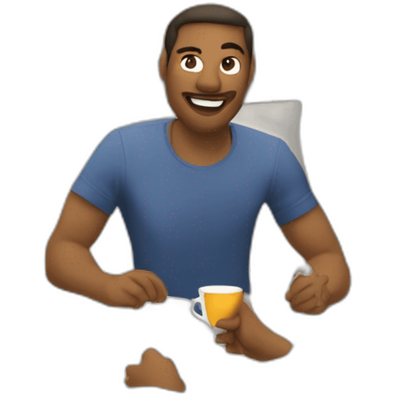 2 homme blanc  qui parle autour d’une bonne tasse de thé dans une chambre avce 2 lit simple  emoji