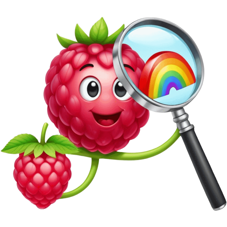 a raspberry holds a rainbow colored magnifier with its budding from handle of magnifier emoji