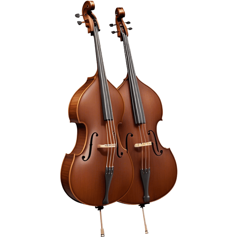 Create an elegant and detailed emoji representing a Gliga Gama double bass with bow. The design should showcase the large, sleek body of the double bass with its rich wood finish, including the characteristic curves and deep tone holes. The bow should be elegantly positioned next to the instrument, highlighting the hair and smooth wooden stick. Use warm wood tones like chestnut brown for the body of the bass, silver accents for the fittings, and dark brown for the bow. Add subtle musical notes or sound waves flowing from the bass to represent its deep, resonant sound. The background should be transparent. emoji