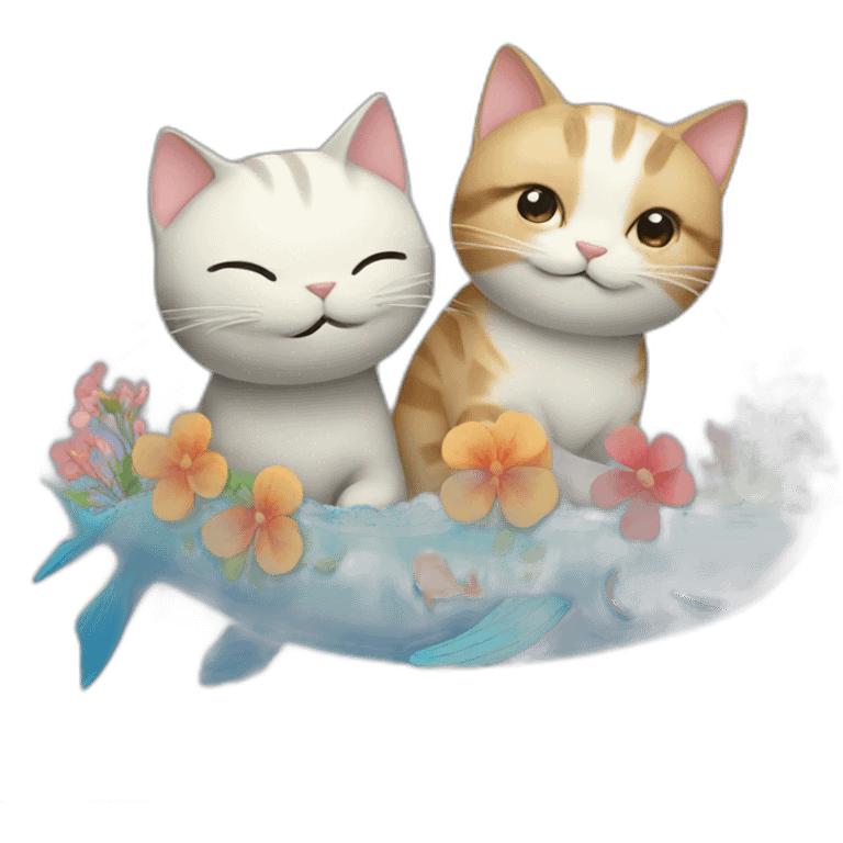 Cat and whale couple with flowers emoji