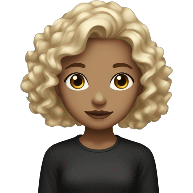 Girl with diamond blue eyes, a soft tan, curly shoulder length brown hair with blonde highlights in a long sleeve black shirt  emoji