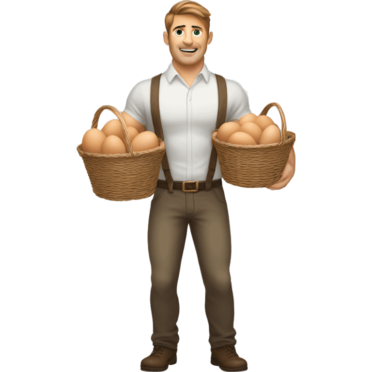 Buff white man with brown hair holding two baskets with a ton of eggs emoji