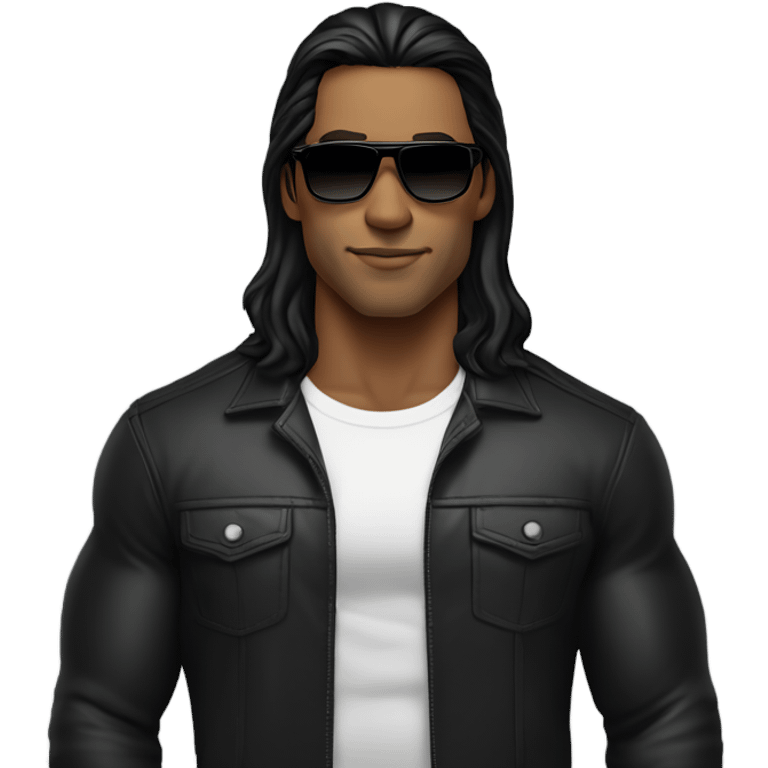 Man with long black hair, masculine face, fine lips, black sunglasses, lather jacket, underneath black t-shirt, muscles emoji