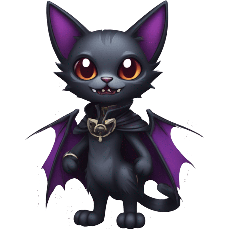  cool edgy dark-themed animal vampiric cat-hybrid Fakemon with fangs and bat-wing-ears with a collar full body emoji