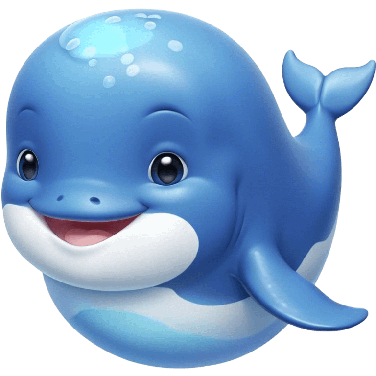 Cinematic happy baby whale, chubby rounded body, tiny smiling face, soft pastel blue hues, gentle glowing waves around, joyful and soothing. emoji