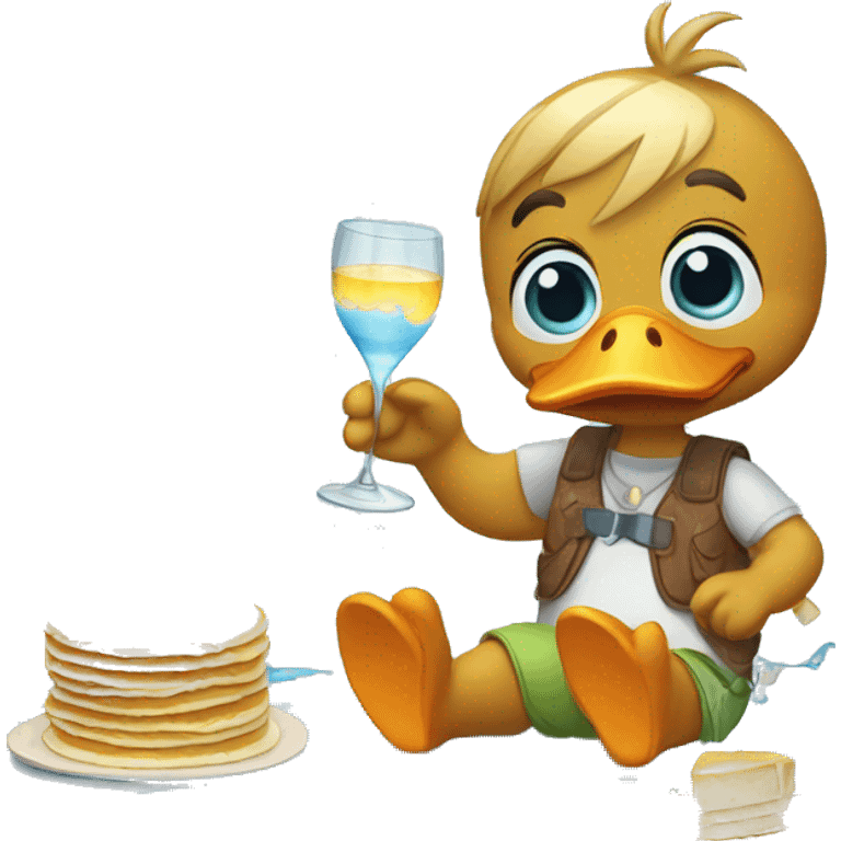 Duck holding present making pancakes while putting on shoes and drinking a glass of water emoji