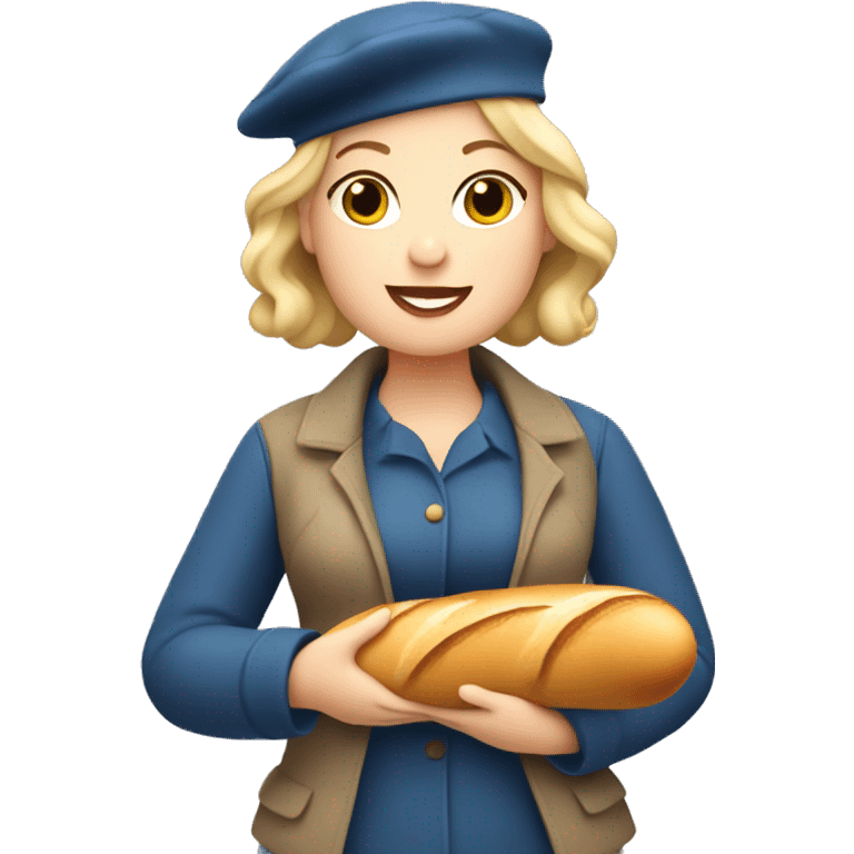 Chubby blonde woman in France holding a baguette wearing a beret emoji