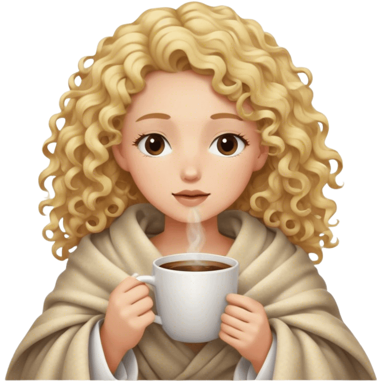 White girl blonde curly hair inside a blanket sipping coffee eyes closed emoji