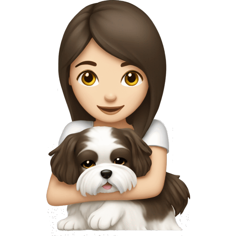 Brunette girl hugging her white Shih tzu emoji