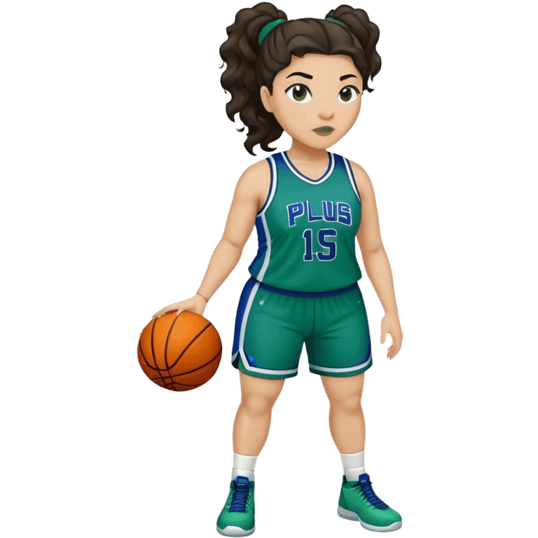 full body plus size light skin latino women basketball player with wavy dark hair in pony tail wide nose wearing blue green  uniform emoji