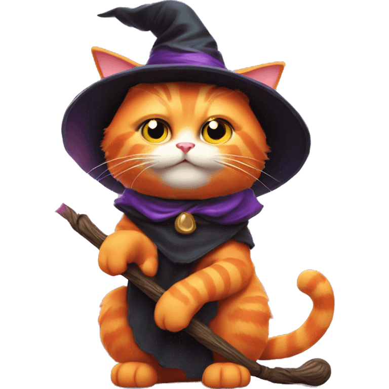 orange cat with witch hat and wand casting a spell emoji