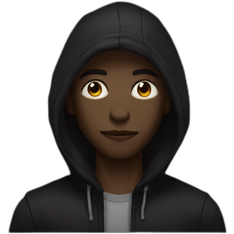 Makes a young black man of 19 with a dark look and moderately stretched eyes. Who wears a skull hood over his face. He also wears a black hooded vest. emoji