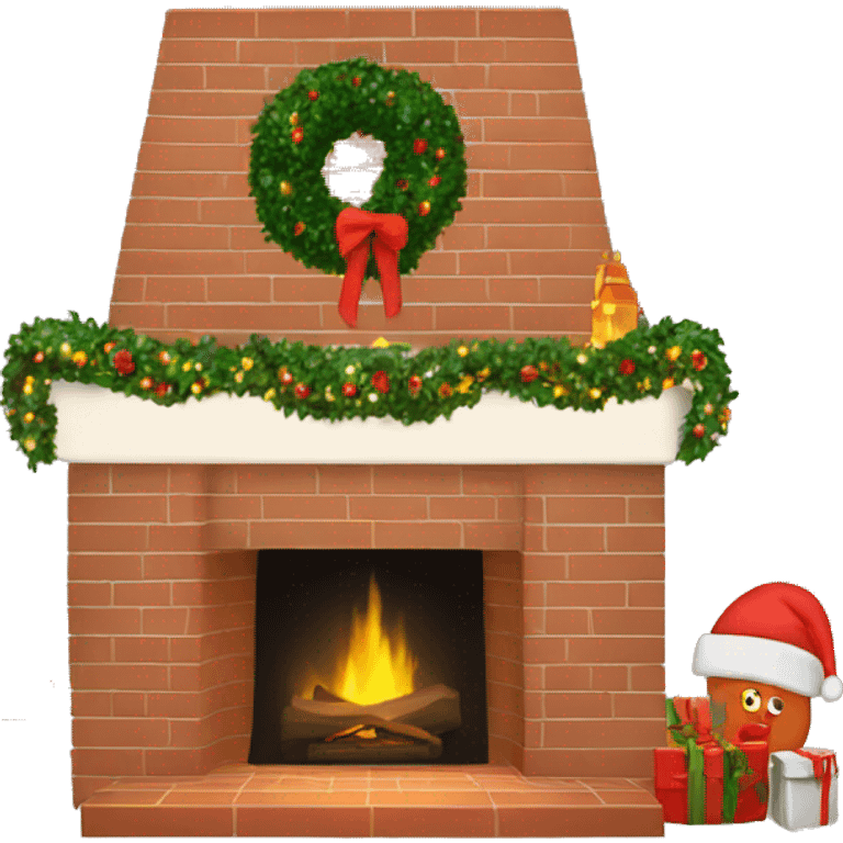 Brick Fireplace with wreath and Christmas lights and stockings emoji