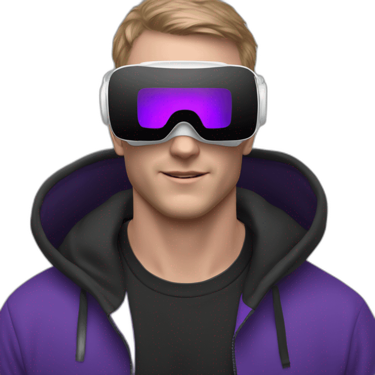 white skin man in the black hoody with violet OMG VR logo on it.  Man in vr headset emoji