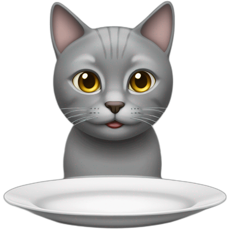 Hungry grey cat near empty plate emoji