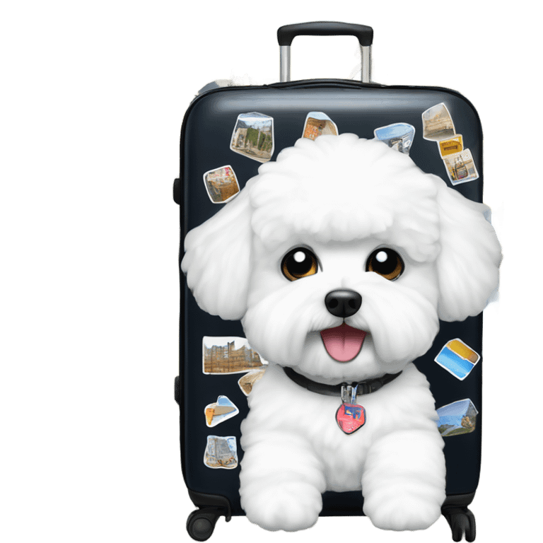 A Bichon Frise standing next to a suitcase filled with iconic places stickers on the suitcase  emoji