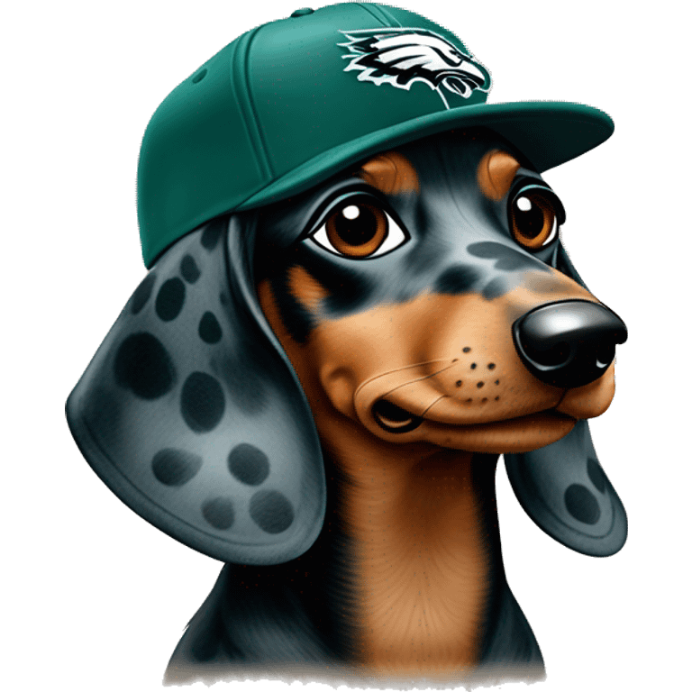 Miniature Blue and Tan Dapple Light Brown Spotted Dachshund wearing Philadelphia Eagles Hat with C on it emoji