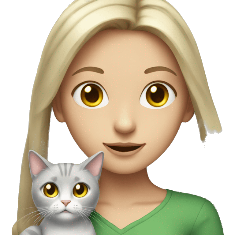 A girl with long blond hair and green eyes holds a gray cat with yellow eyes in her arms emoji