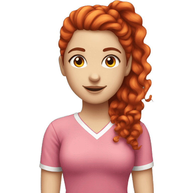 a white girl with long red curly hair in a pony tail with rainbow shirt being cute emoji