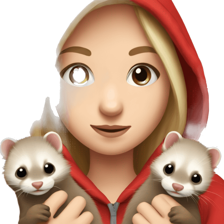 Ferret in hands of a blond girl with blue eyes and long eyelashes in red hoodie  emoji