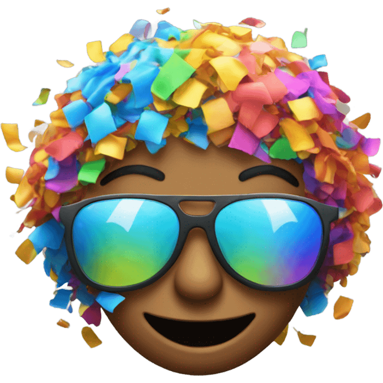 An emoji wearing sunglasses with colorful confetti, reflected in them emoji