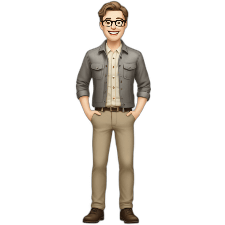 Joyful Full height Pale skinned Fit Man With dark brown hair in gray jacket, beige office shirt, Brown pants and vintage glasses. His thrumbs up emoji