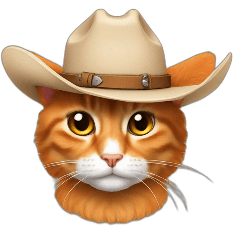 pure orange hairy japanese bobtail cat while wearing a brown cowboy hat with the cat ears poking out of the hat emoji