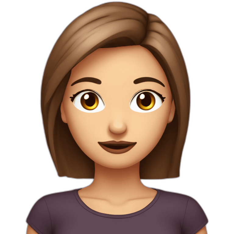 Cara de chica con pelo marrón largo hasta la cintura no muy morena con ojos marrones labios carnes camiseta morada emoji