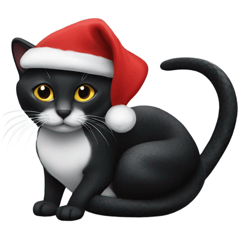 Black snake on a black/white cat wearing christmas hats emoji