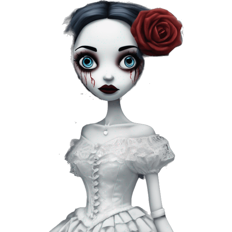 tim burton corpse bride, porcelain doll with a cracked face, goth makeup watery eyes, long hair, lace and ruffles, lolita style, inked, black and white, red roses emoji