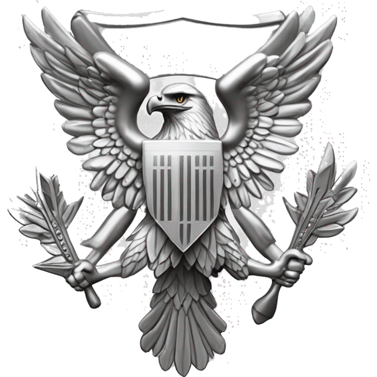 Create an emoji of a silver US Army O-6 Colonel insignia: a detailed silver eagle with outstretched wings, clutching arrows and bearing a shield on its chest. Ensure the background is transparent. The entire thing should be silver emoji