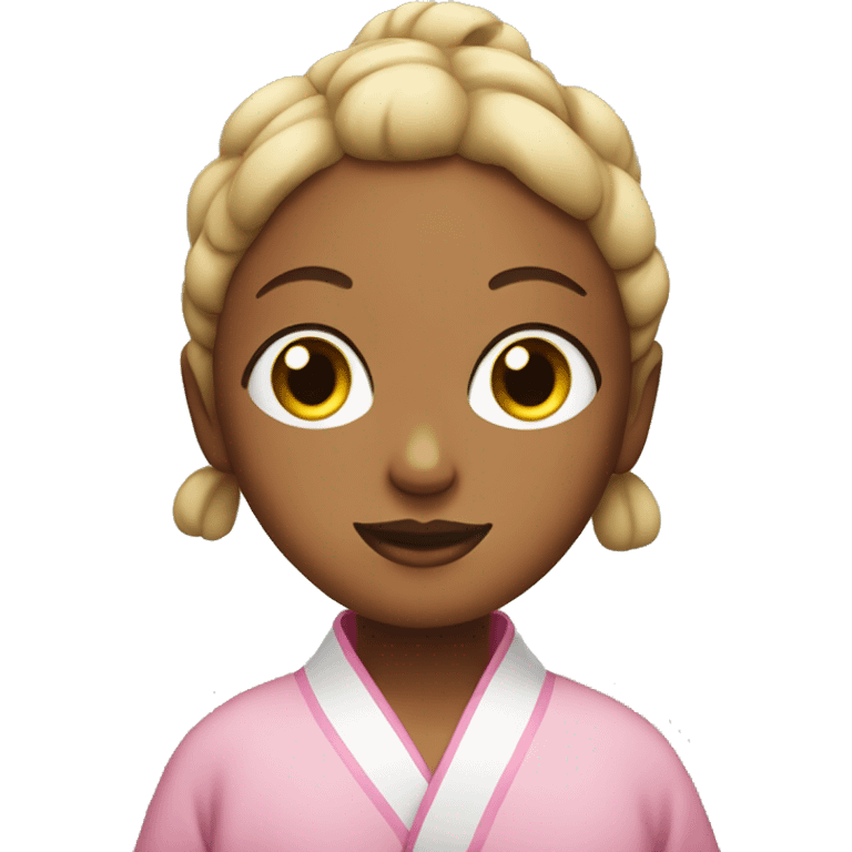 Girl with a bun and a pink robe with one cucumber slice on each eye emoji