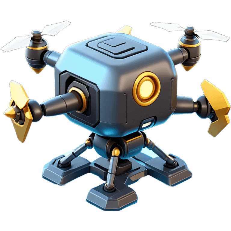 Clash of Clans aesthetic: Cinematic Playful 3D Isometric Robot Drone Emoji, rendered in a 3D vector-style similar to standard emojis with minimal shading and bold, simplified shapes. A compact, distinct form with signature details, softly glowing with a futuristic sci-fi warfare charm. Simplified yet unmistakably iconic, highly detailed and consistent, glowing with a soft radiance and high shine. Stylized with a touch of high-tech brilliance and a soft glowing outline, capturing the essence of a beloved gaming relic with a friendly, playful manner! emoji