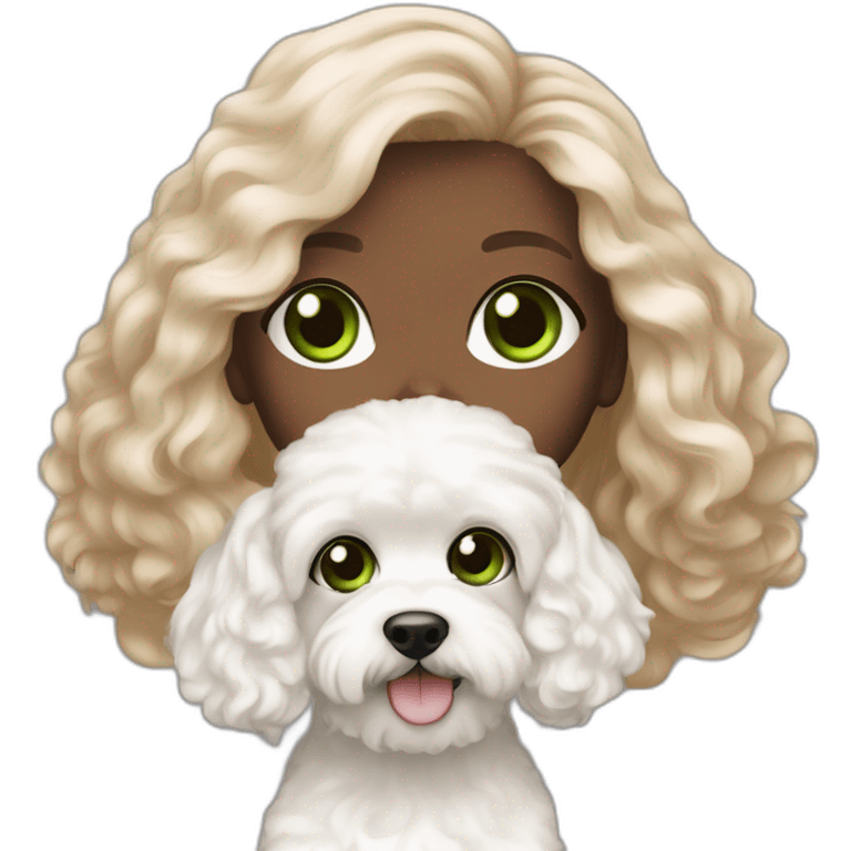 Green eyes and Long hair brunette rosy white girl with white maltipoo emoji