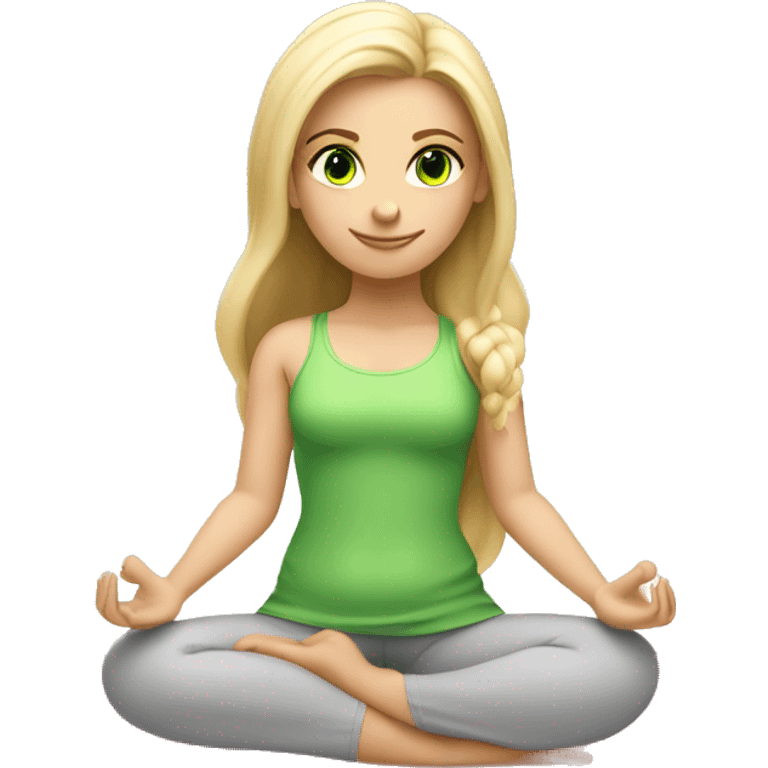 blonde long hair and green eyes yoga girl in light pink clothes sitting on a yoga mat emoji