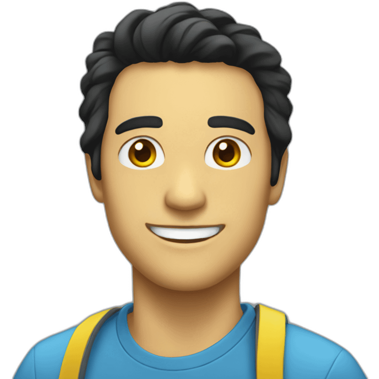 man with black hair and just smile with blue and yellow closher emoji