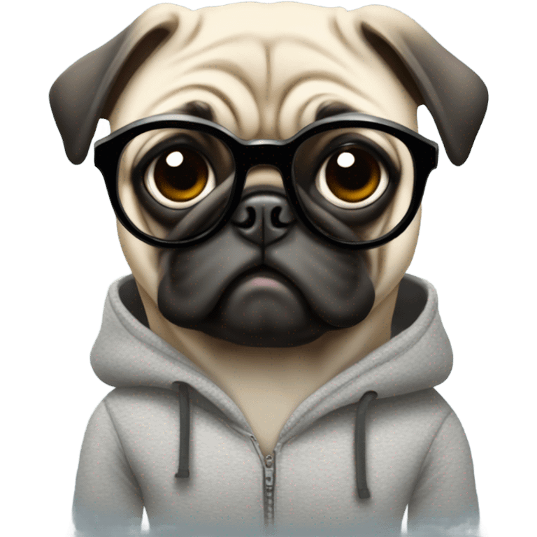 pug wearing a hoodie and glasses emoji