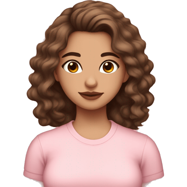 hispanic pretty girl with brown wavy hair and light  pale skin in pink shirt coquette aesthetic  emoji