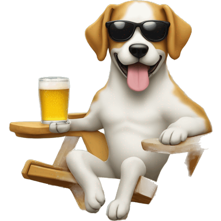 Dog with sunglasses drinking a beer, sitting on a lawn chair  emoji