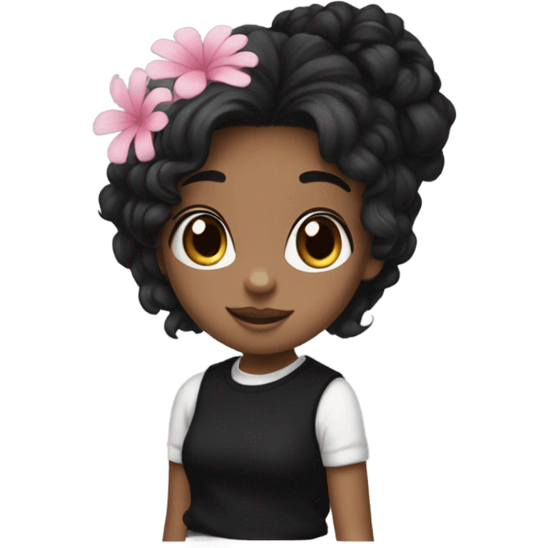 A girl and she is wearing a black sweater with a white tank top and has black hair blue eyes and has a pink flower on her head emoji