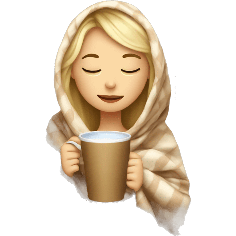 girl inside a blanket sipping coffee eyes closed blonde emoji