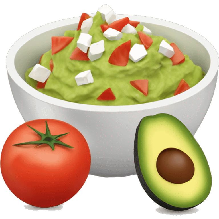 Bowl with guacamole with diced tomatoes, feta cheese, salt and pepper and a bag of nachos  emoji