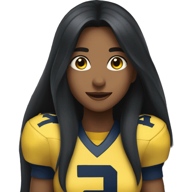 Girl wearing Michigan football shirt long black hair and brown eyes cheering emoji