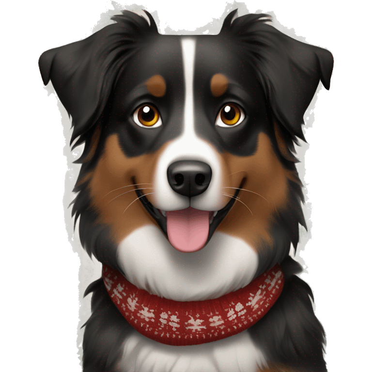 Black and brown Australian shepherd with Christmas sweater emoji