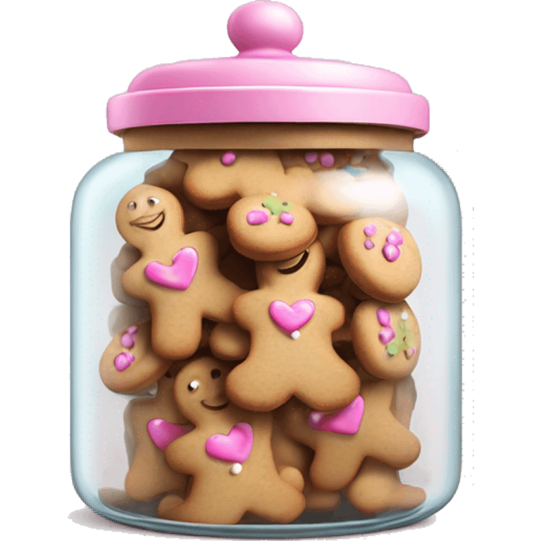 Realistic glass cookie jar with light pink lid full of gingerbread cookies isolated.  emoji