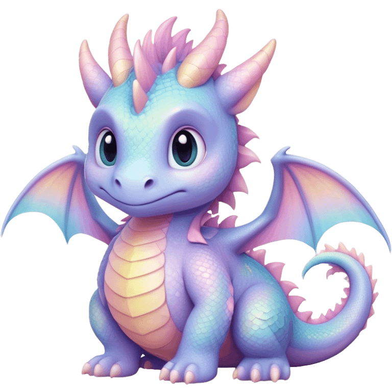 Cinematic fluffy pastel dragon, tiny round wings, chubby feet, sparkling gentle eyes, delicate glowing scales, soft colors blending magically, enchanting and whimsical. emoji