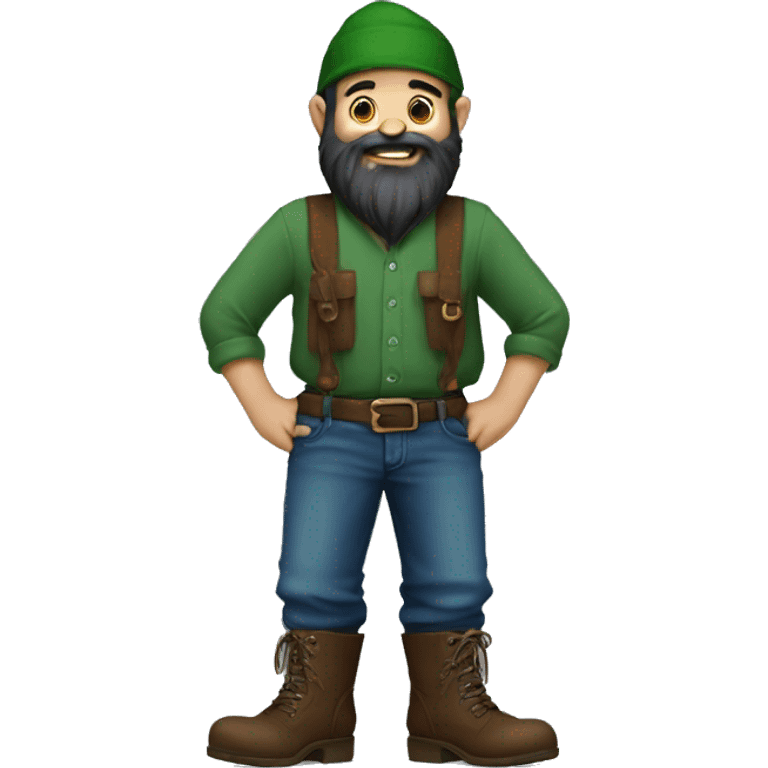 gnomo with dark beard, young, blue hat, green shirt, jeans and brown boots emoji